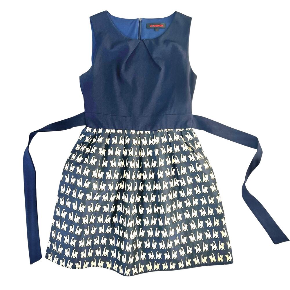 SM Wardrobe (Boutique Brand) Navy Cat-Print Fit & Flare Dress, Tie Belt – Size M